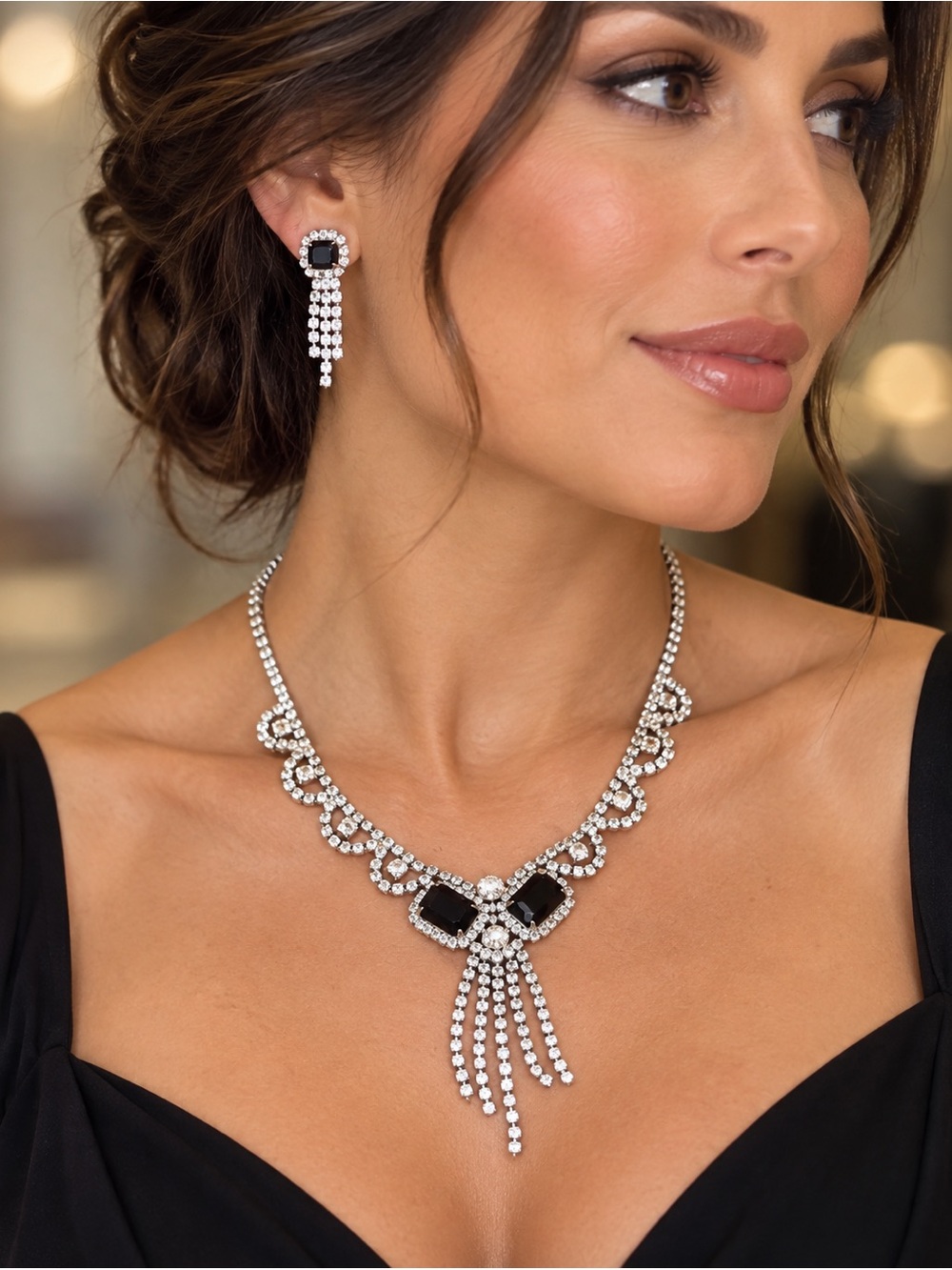 Vintage Black and Clear Rhinestone Statement Necklace and Dangle Earring Set
